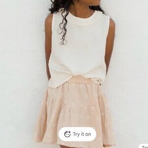 Rylee + Cru embroidered daisy skirt and white ruffle neck top